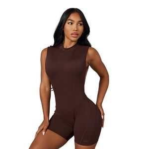 YOUNGLA IT-GIRL ROMPER, Brown, Open Back Spandex Romper, Size Large